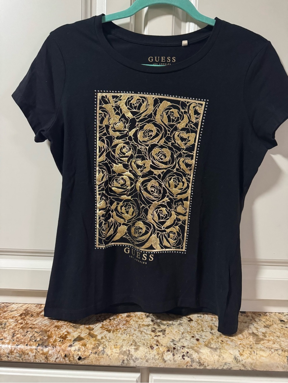GUESS Black Tee with Metallic Gold Rose Panel